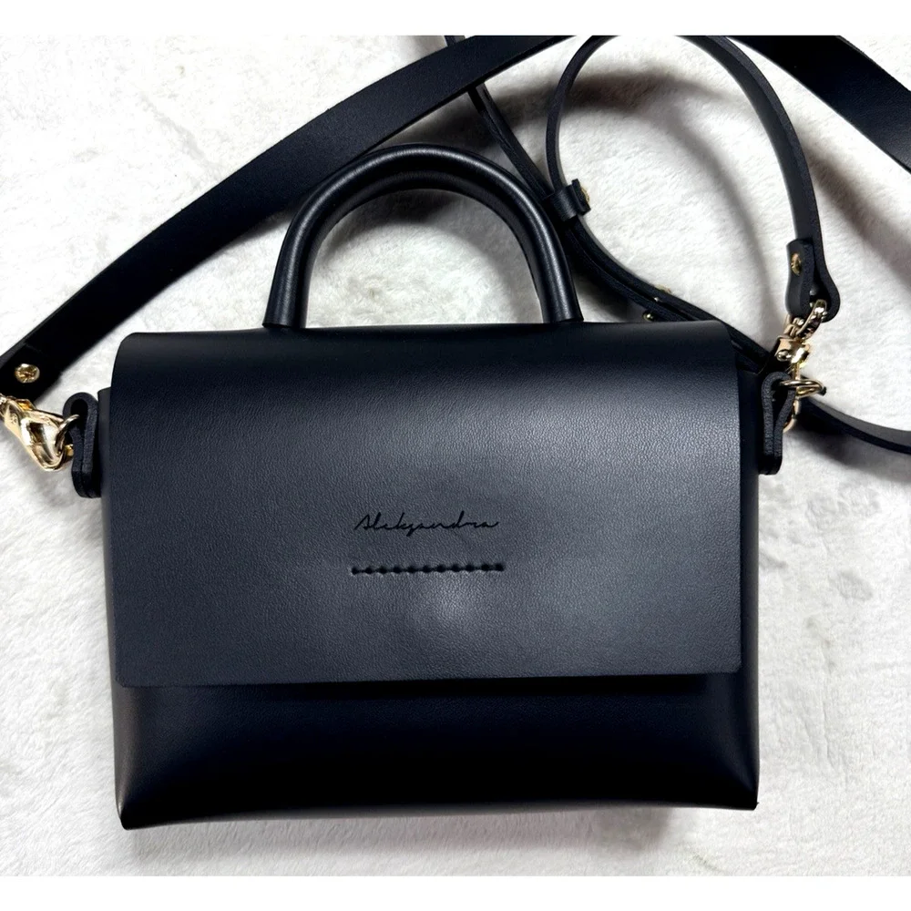 Przywara-Strzalka Black Leather Minimalist Crossbody Flap Bag Handmade NWOT